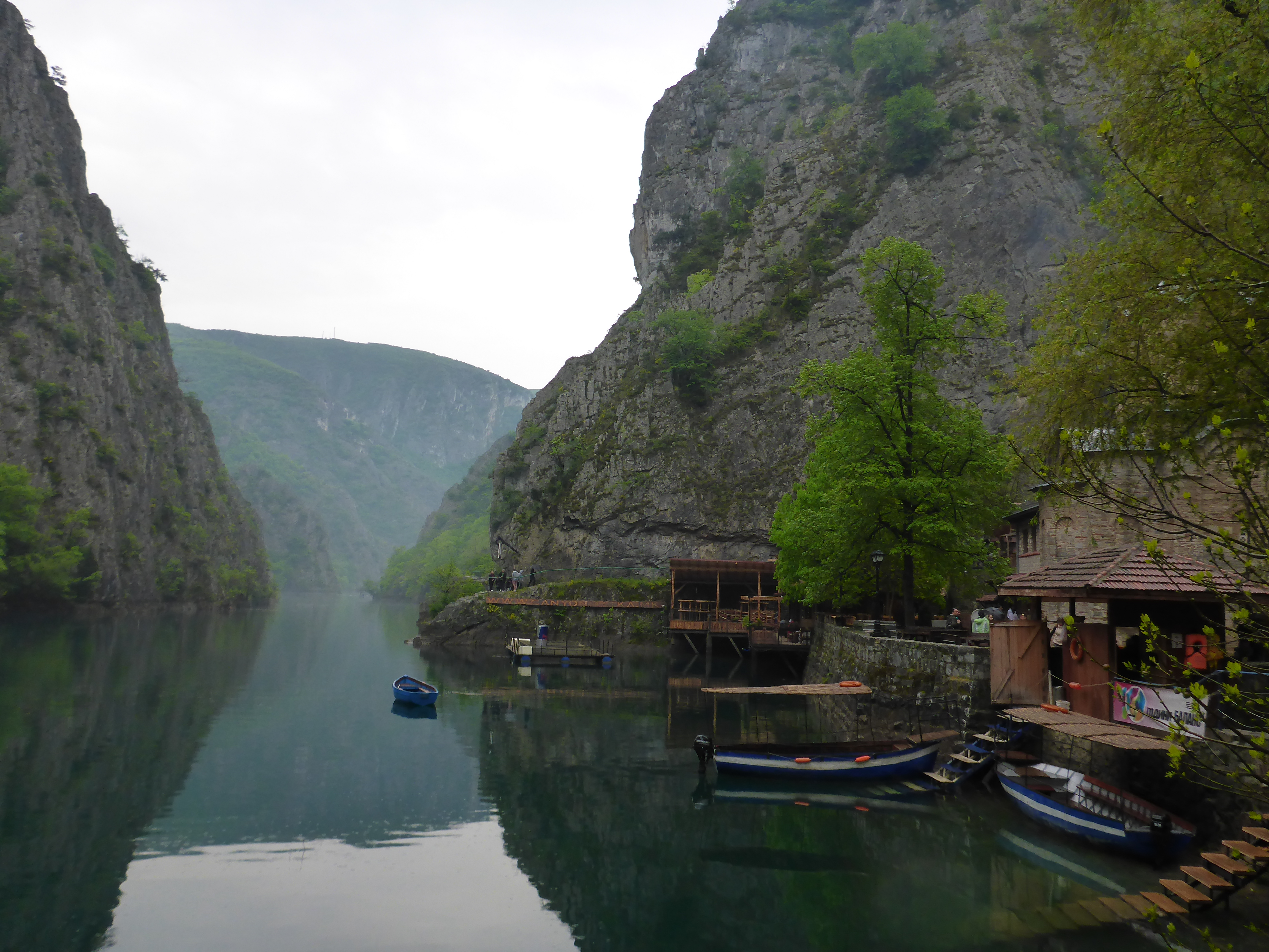 Lake Matka, with boats and kayak rental, as well as a hotel, restaurant and the Church of St. Andrew.