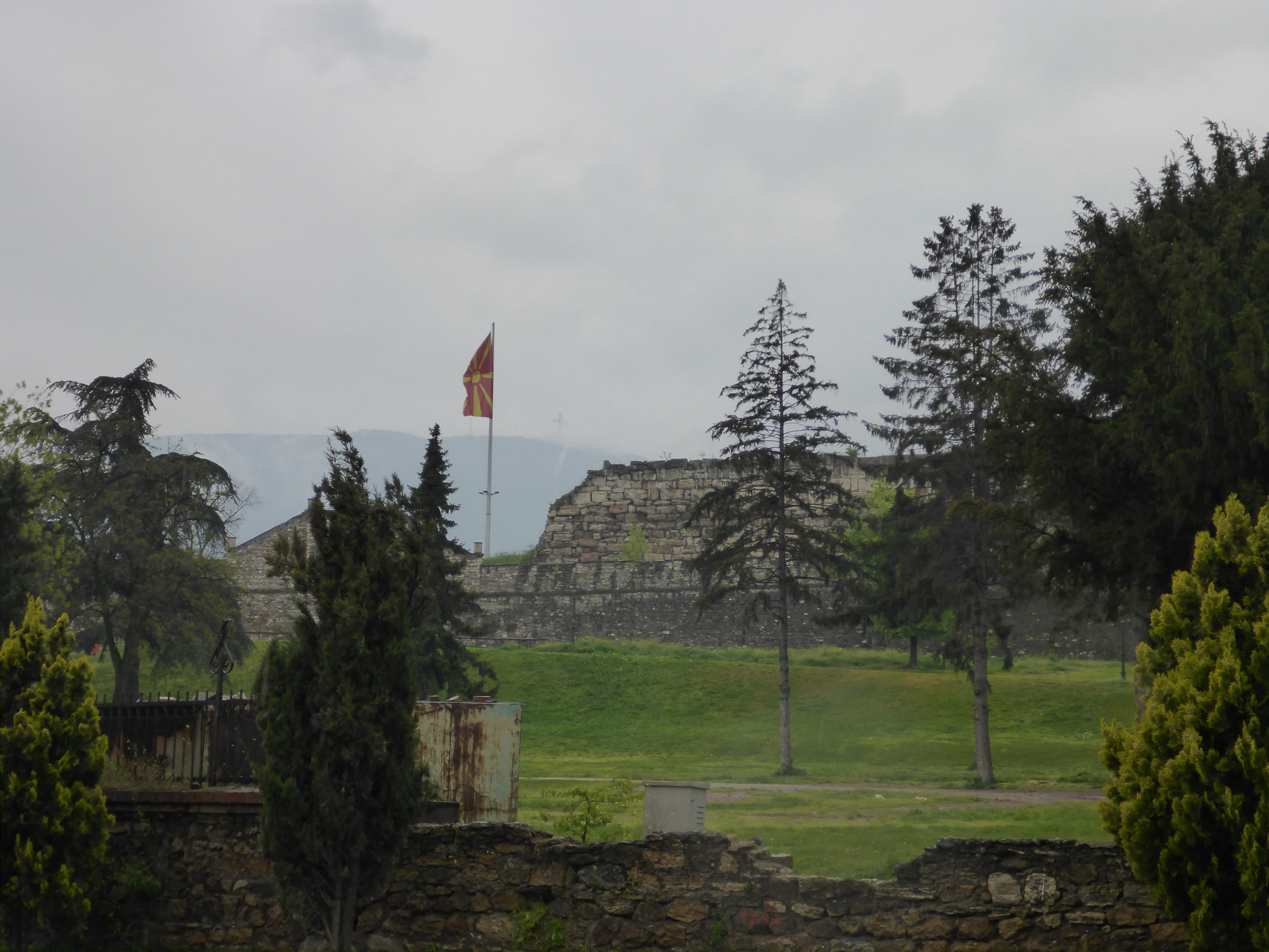 The castle with Mt. Vodno and the Holy Cross in the background.