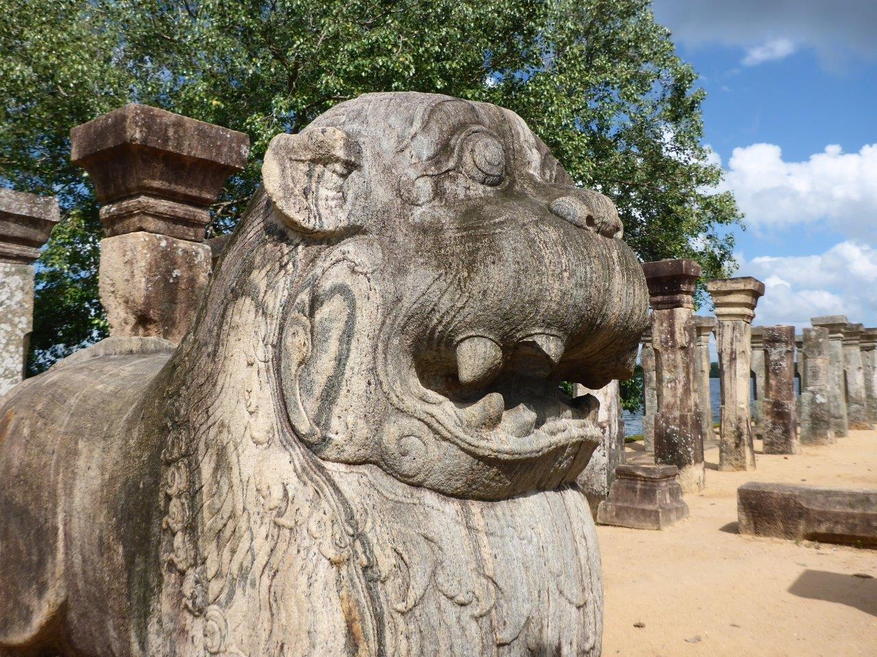 The lion statue in the Council Chamber of Nissankamalla in Island Park, Polonnaruwa