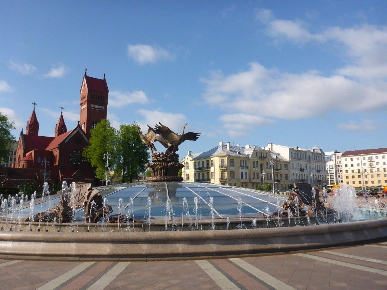Fountain of Independence and the Church of Saints Simon and Helena in Minsk, Belarus