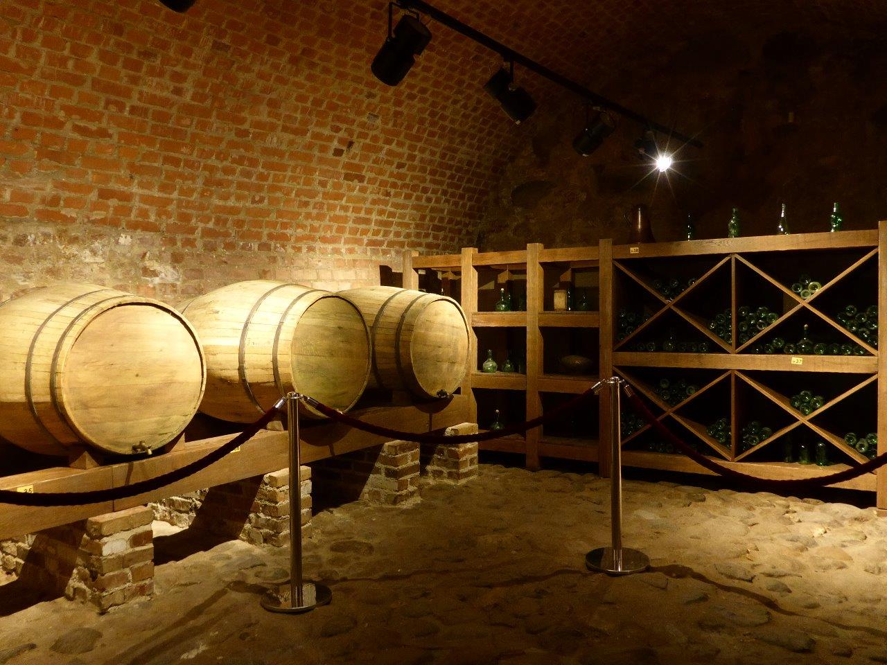 Large barrels for beer in the basement of Mir castle in Belarus