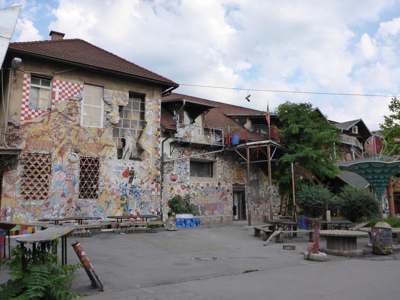 Colorful houses in the Metelkova area by Hostel Celica in Ljubljana, Slovenia