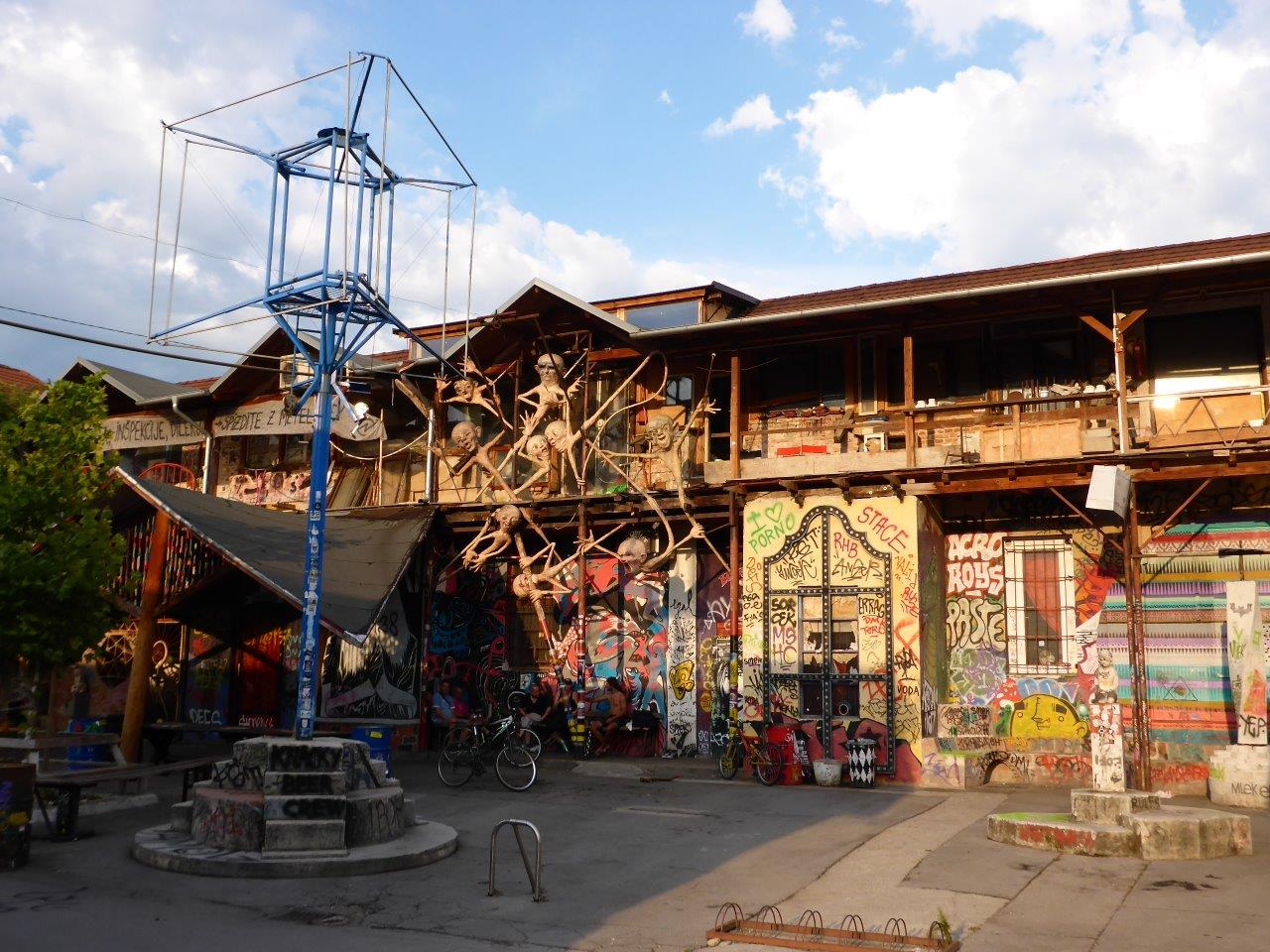 Colourful houses in the Metelkova area by Hostel Celica in Ljubljana, Slovenia