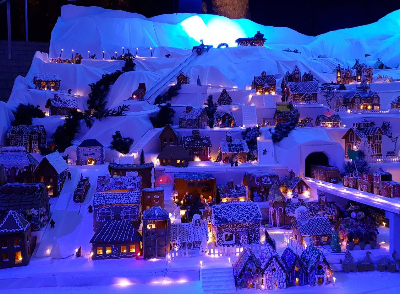 Fløibanen Funicular. The worlds largest Gingerbread Town in Bergen, Norway
