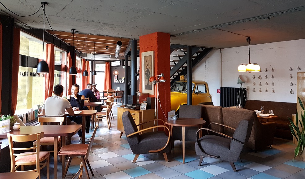 Retro style at Café Škodovka. Food tour in Bratislava, Slovakia.