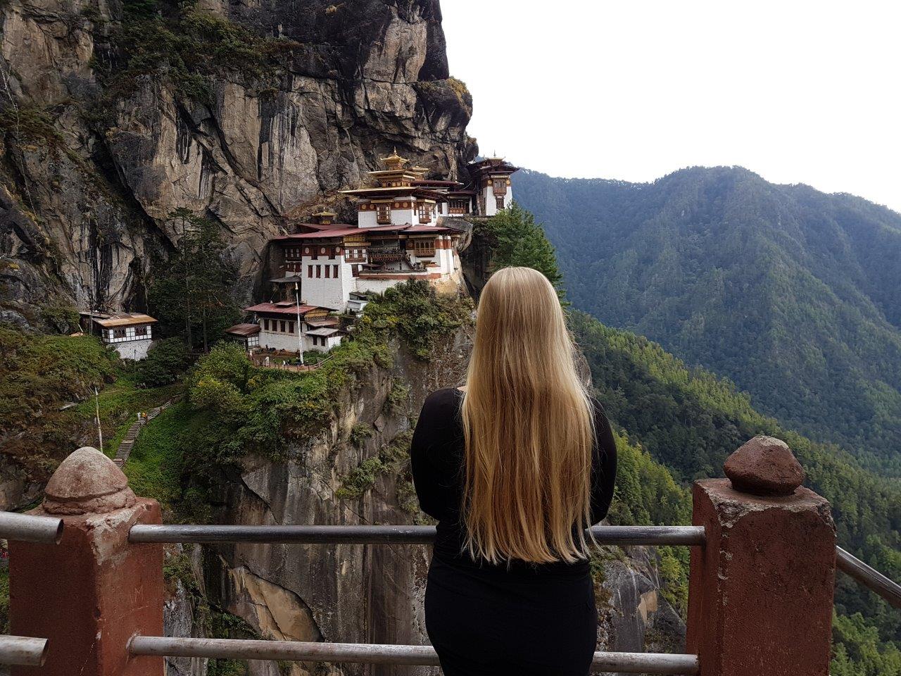 Enjoying the stunning view of Tiger's Nest. Paro Taktsang. Bhutan.