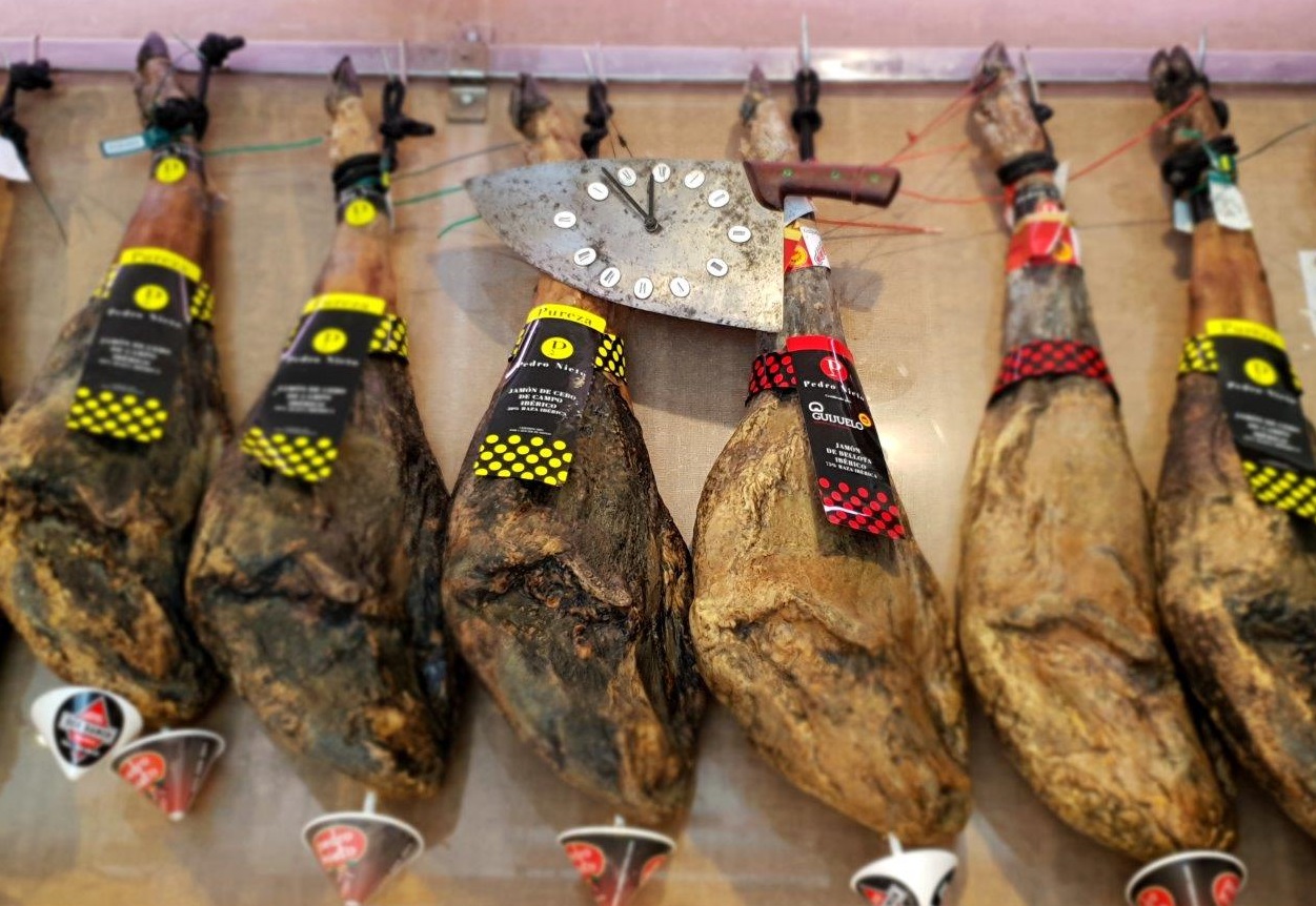 Nice legs of Jamón Iberico. Secret Food Tours Madrid, Spain